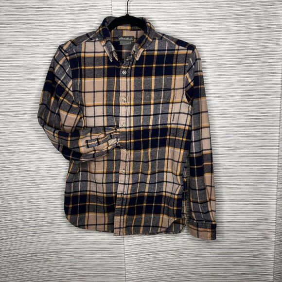 Eddie Bauer Flannel Shirt Mens small Blue‎ Beige Plaid Button Up Long Sleeve - Picture 2 of 6